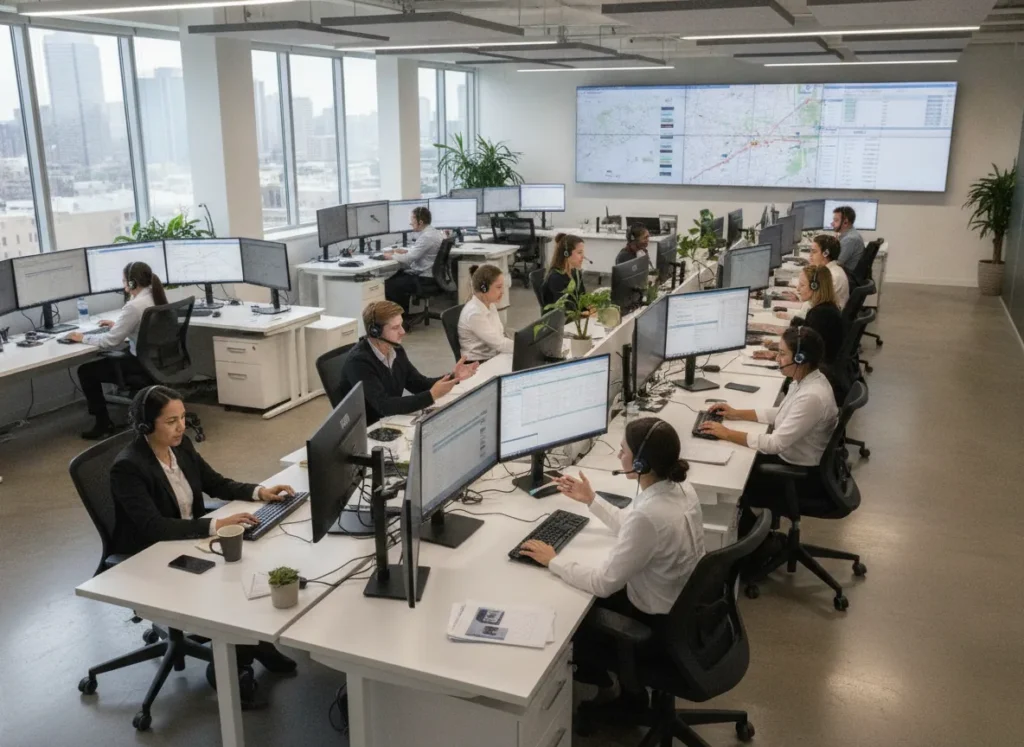 professional freight dispatch office team coordinating truck loads